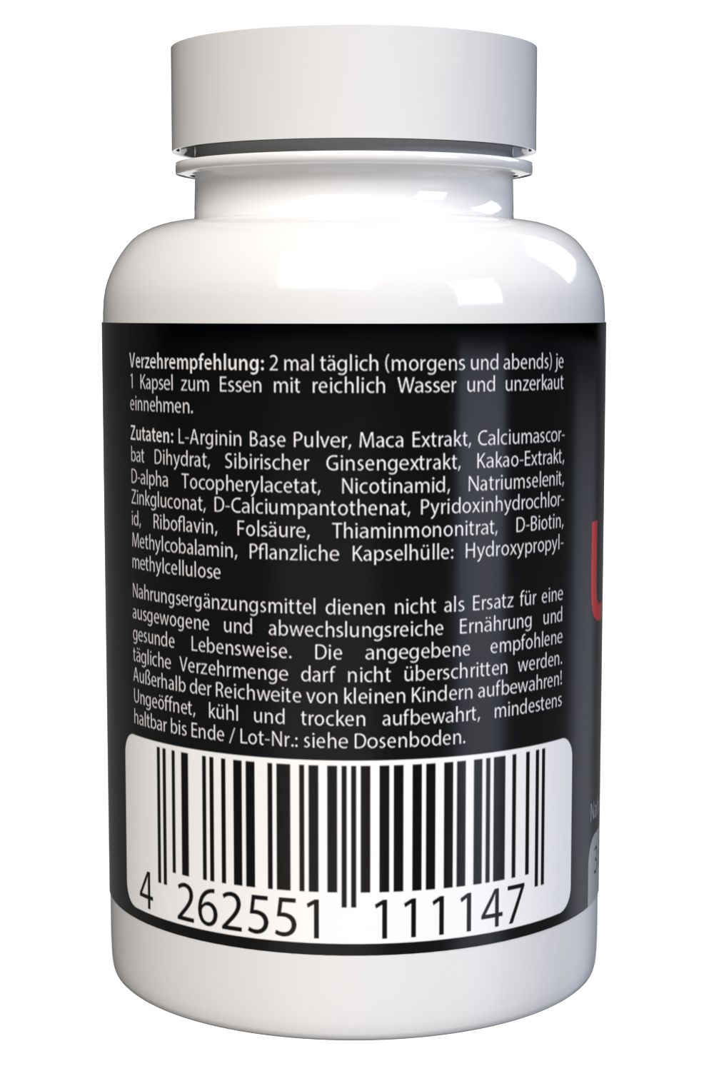 Retro di un flacone di capsule bianco. Sfondo nero con testo. Codice a barre in basso. Testo: ingredienti, raccomandazioni, avvertenze.