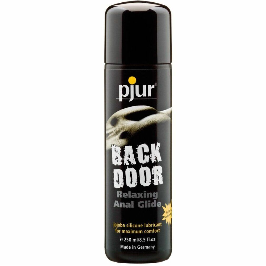 Flacone nero con tappo nero. Scritta: pjur, BACK DOOR, Relaxing Anal Glide. Contiene jojoba. Prodotto in Germania.
