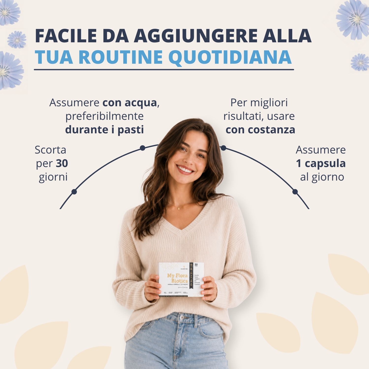 Donna tiene Golden Tree My Flora Biotics. Facile da integrare nella routine quotidiana.