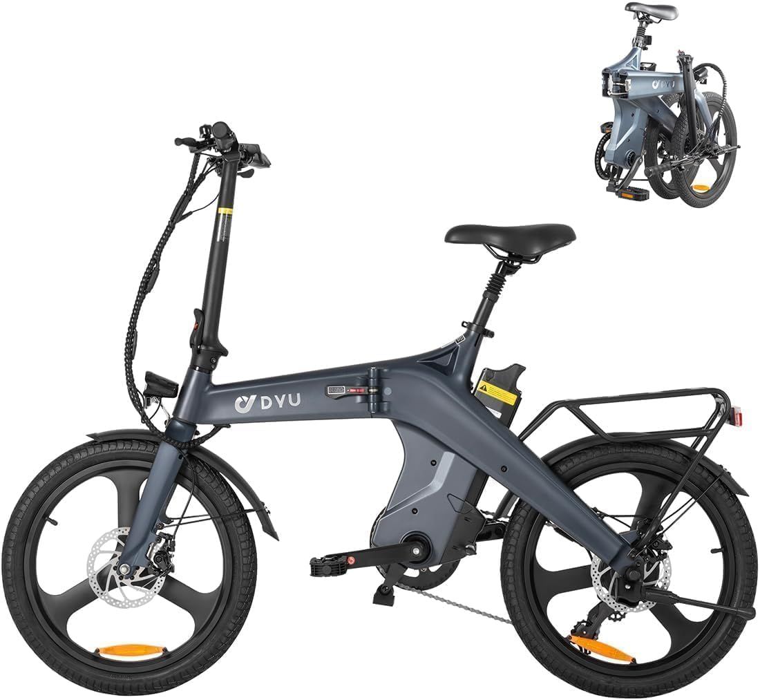 E-bike da città DYU grigia con portapacchi. Telaio pieghevole, ruote nere, faro, fanale posteriore. Logo DYU.