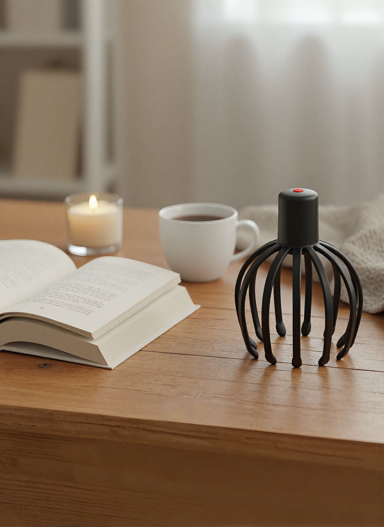 Massaggiatore per cuoio capelluto nero su un tavolo di legno. Accanto, una tazza e un libro.
