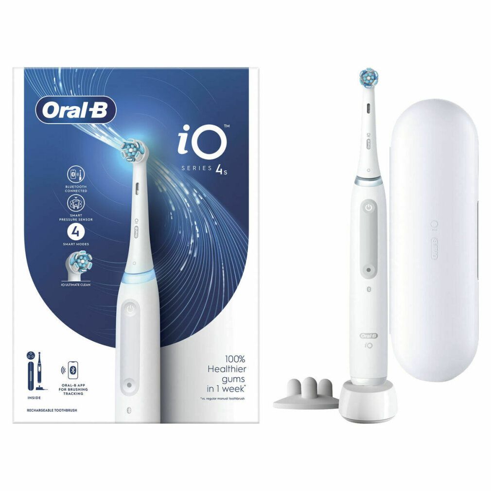 Spazzolino elettrico, custodia da viaggio, base e confezione. Oral-B iO Series 4s. La confezione mostra le caratteristiche.