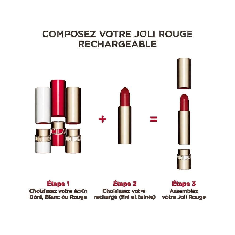 Schema di montaggio di un rossetto ricaricabile. Parti: custodia, ricarica, base. Testo: 'Composez votre Joli Rouge rechargeable'.