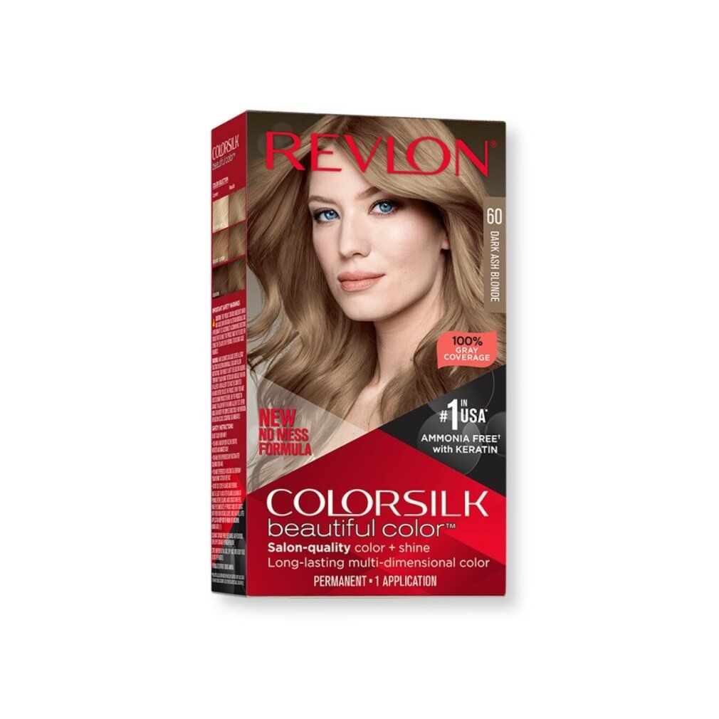 Scatola di tinta per capelli Revlon Colorsilk 60 Dark Ash Blonde. Donna bionda. Copertura 100% dei capelli grigi.