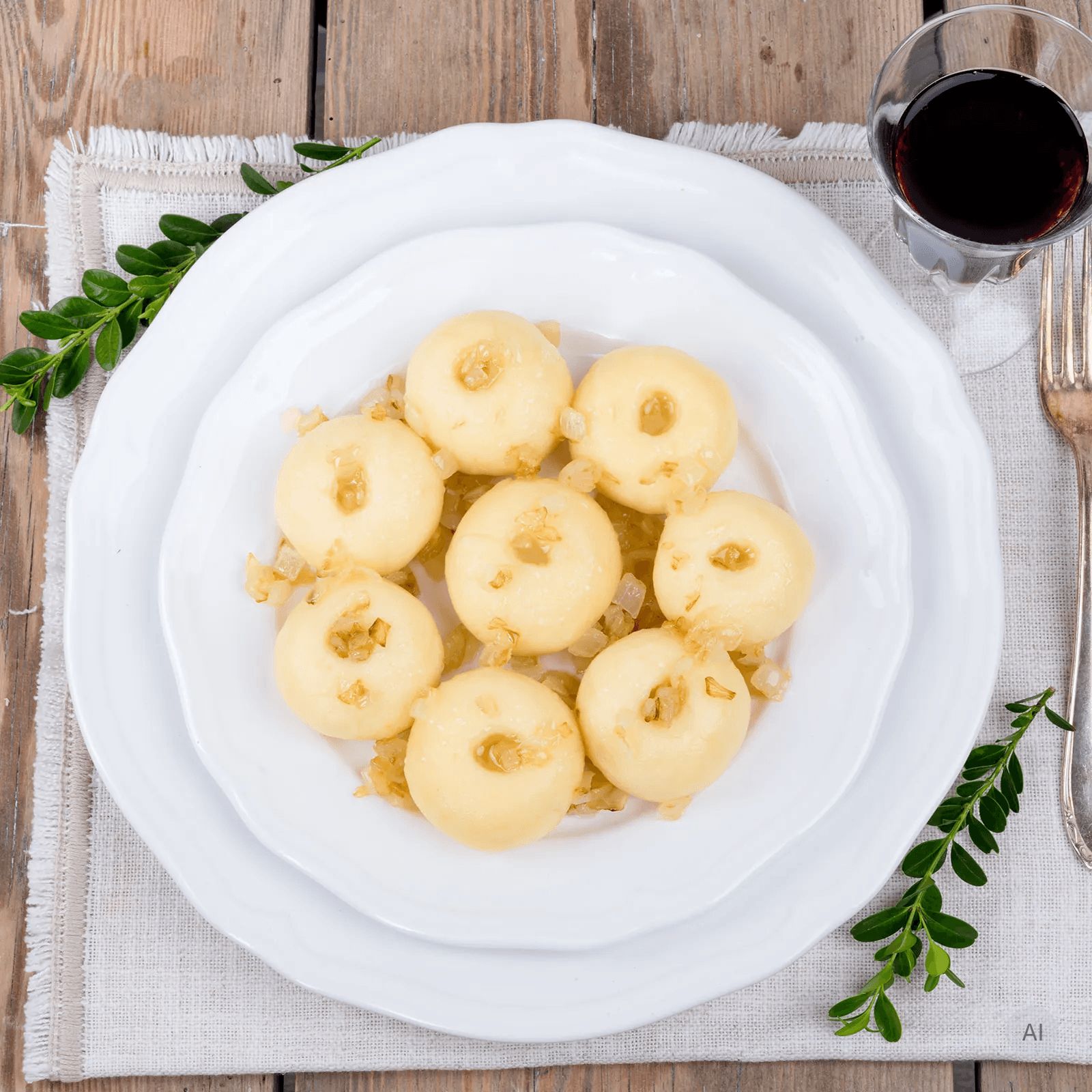 Ravioli su un piatto bianco guarniti con basilico e prezzemolo.