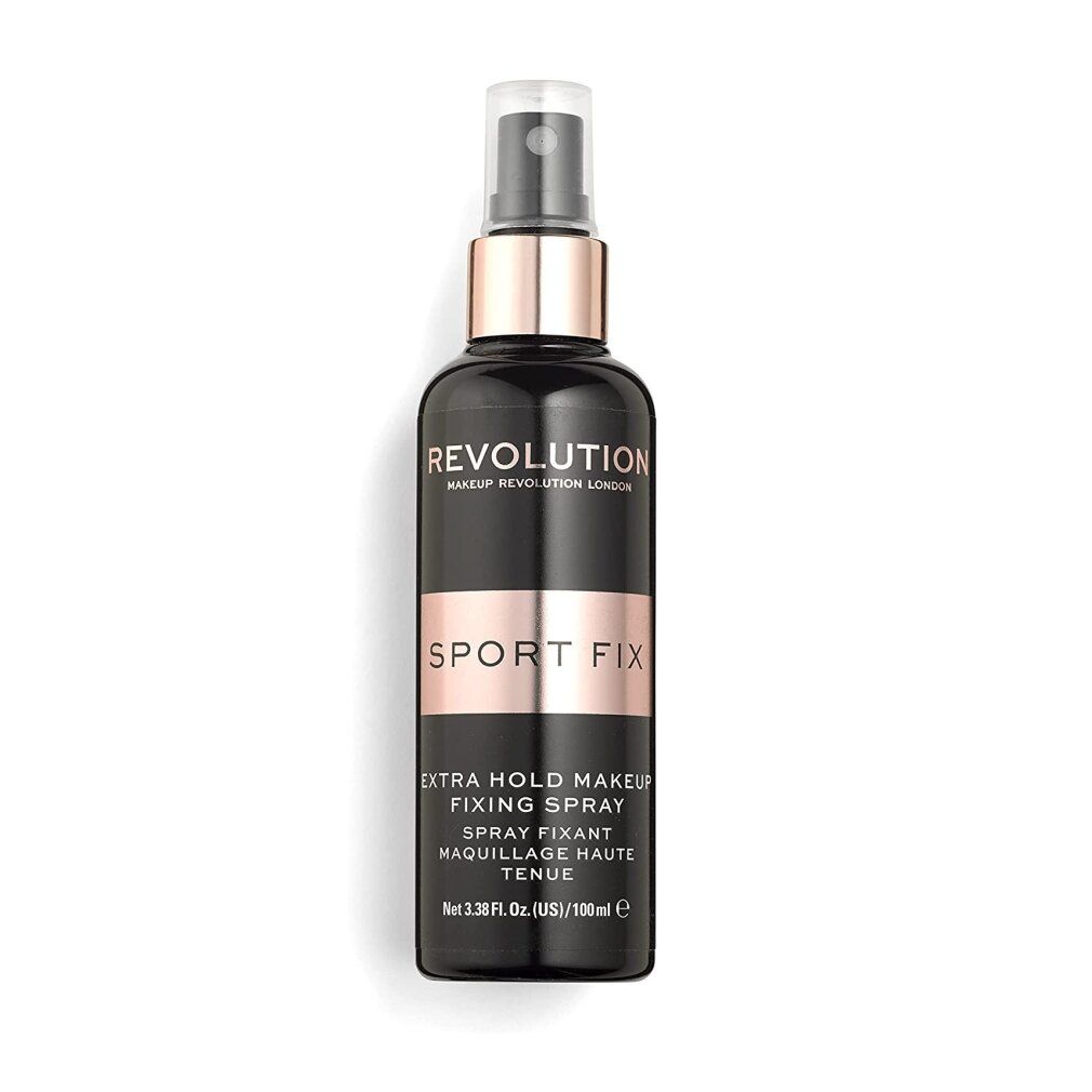 Flacone spray nero con dettagli oro rosa. Scritta: REVOLUTION, SPORT FIX, EXTRA HOLD MAKEUP FIXING SPRAY.