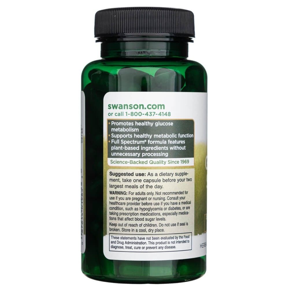 Retro di un flacone Swanson Gymnema Sylvestre, con benefici del prodotto e istruzioni per l'uso.