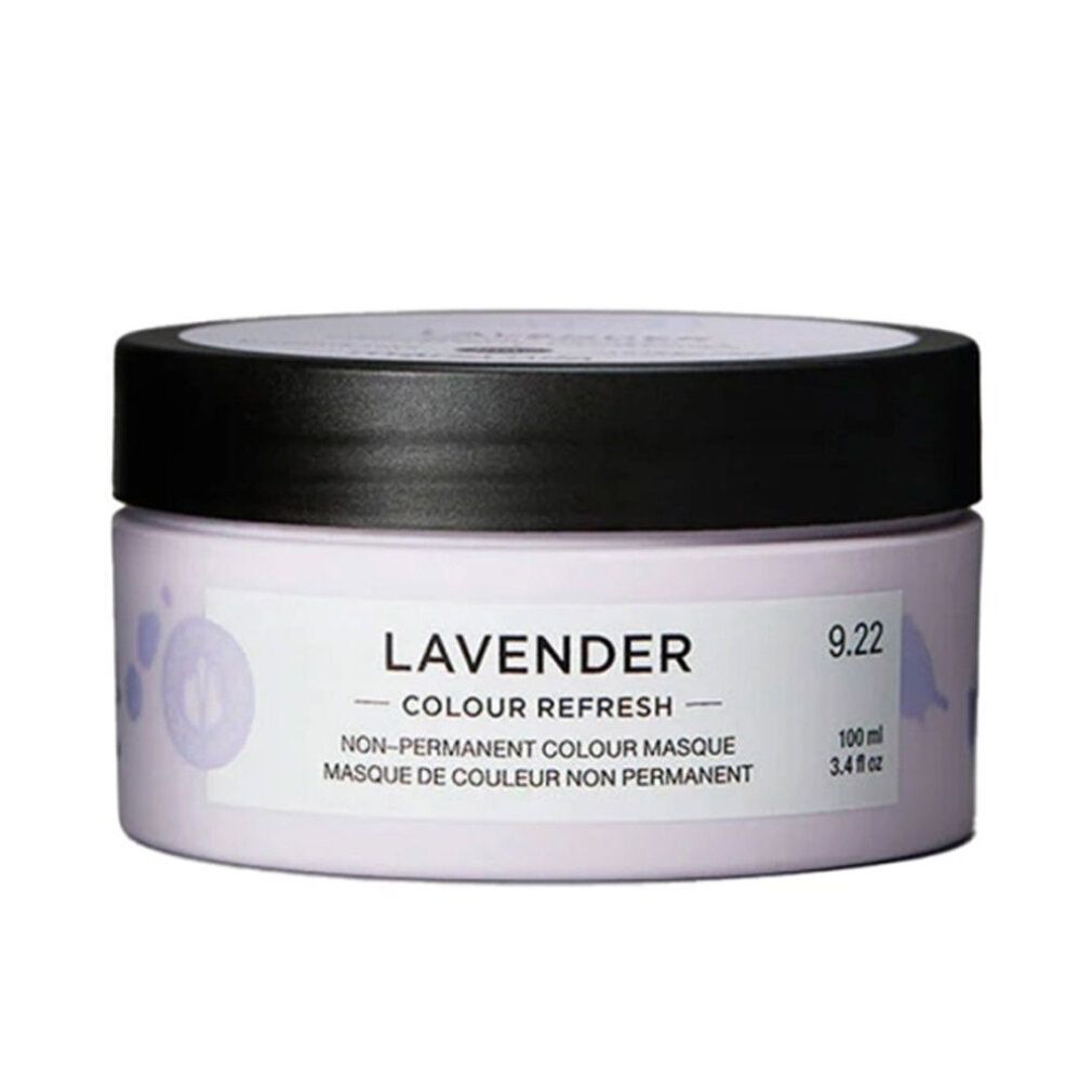 Contenitore rotondo con coperchio nero. Scritta: Lavender Colour Refresh, 9.22. Etichetta lilla. Marchio: Maria Nila. 100 ml.