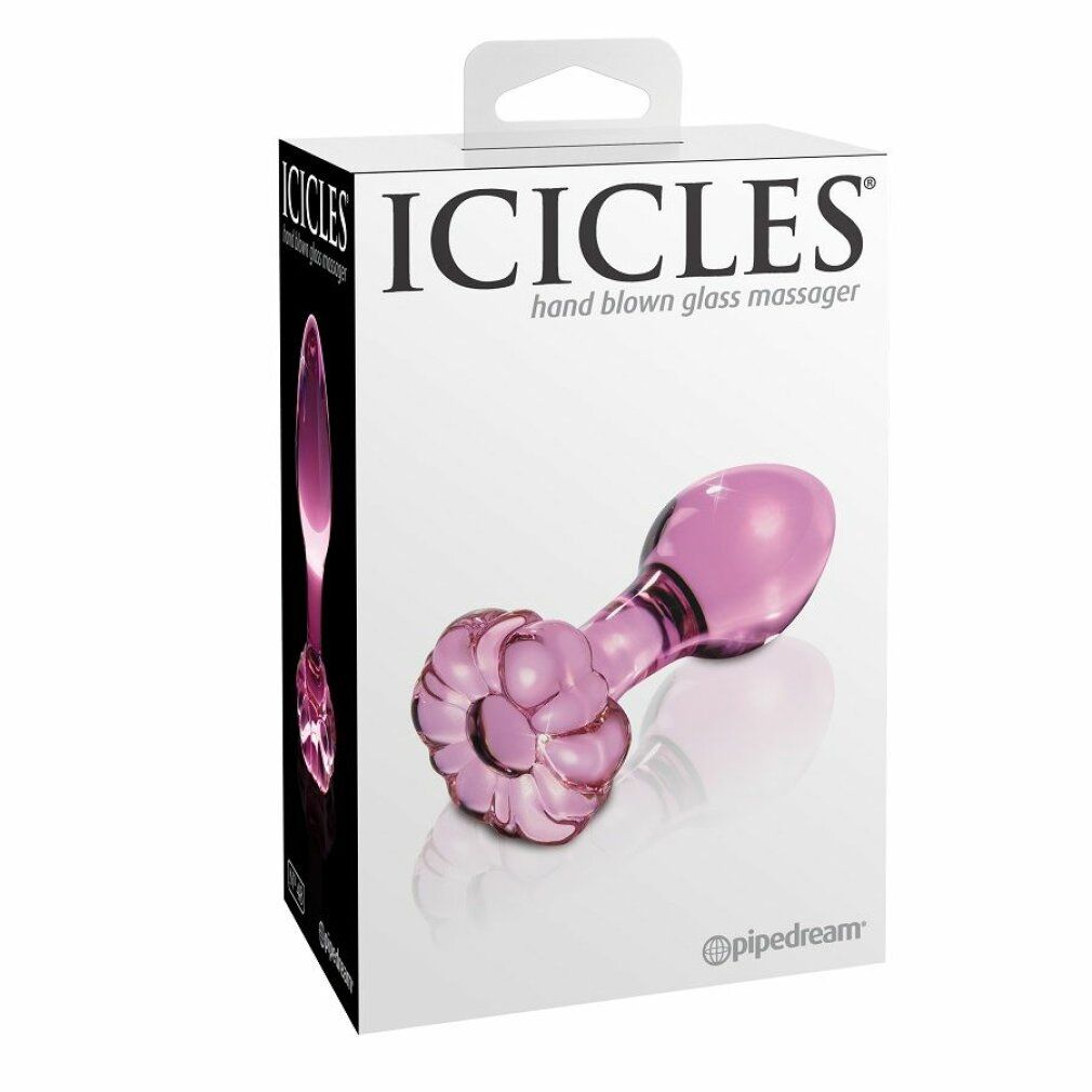 Massaggiatore in vetro rosa nella confezione. Scritta: ICICLES hand blown glass massager. Marchio: pipedream.