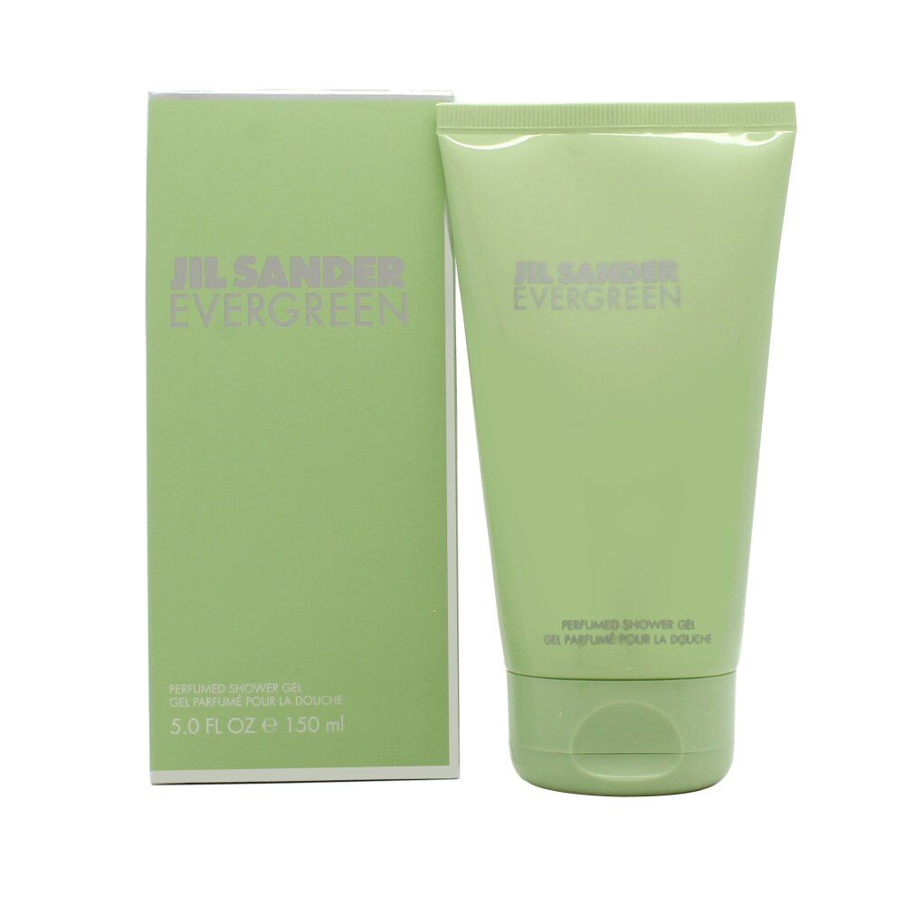 Tubo e confezione verde chiaro con logo Jil Sander Evergreen. Testo: Perfumed Shower Gel. 5.0 FL OZ e 150 ml.