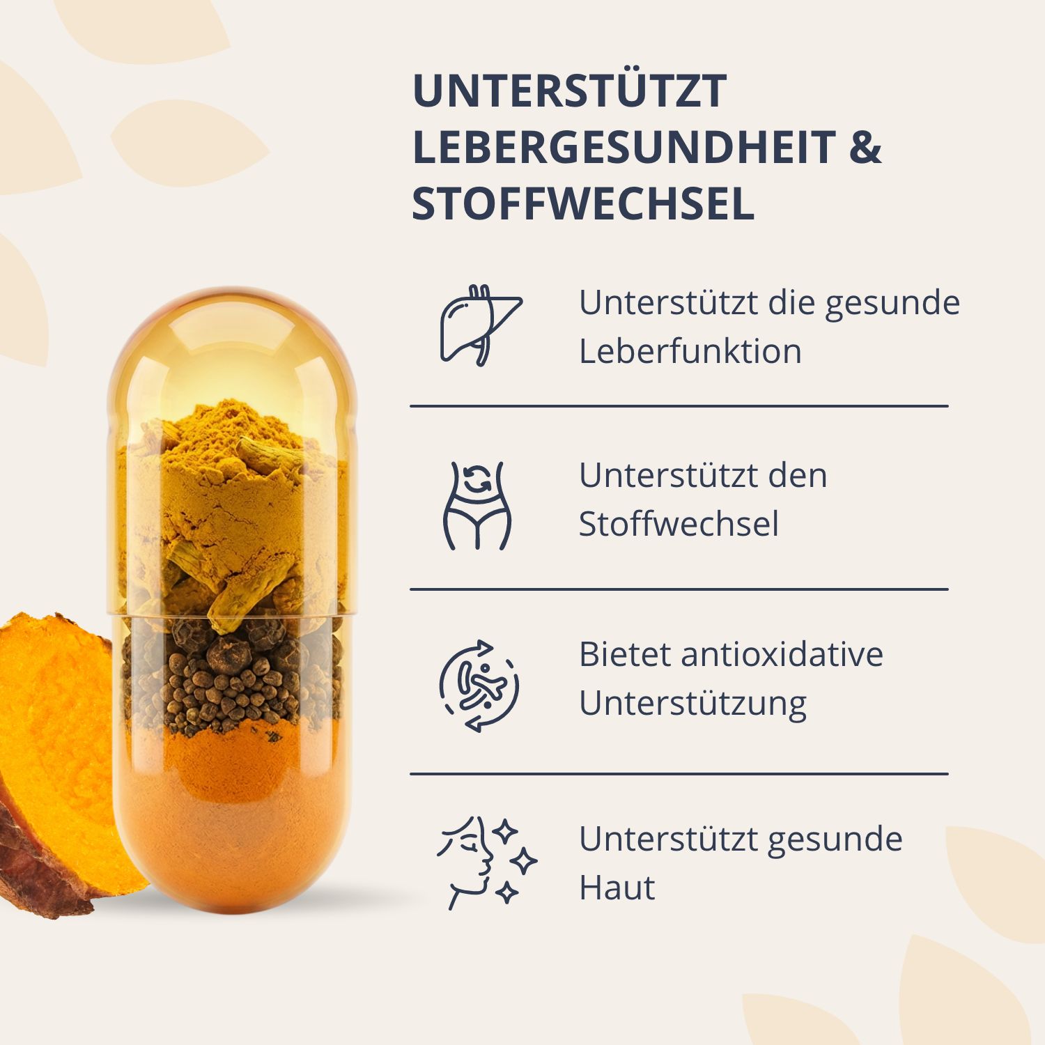 Vista dettagliata di una capsula Curcuma Cleanse, che mostra polvere di curcuma e grani di pepe.