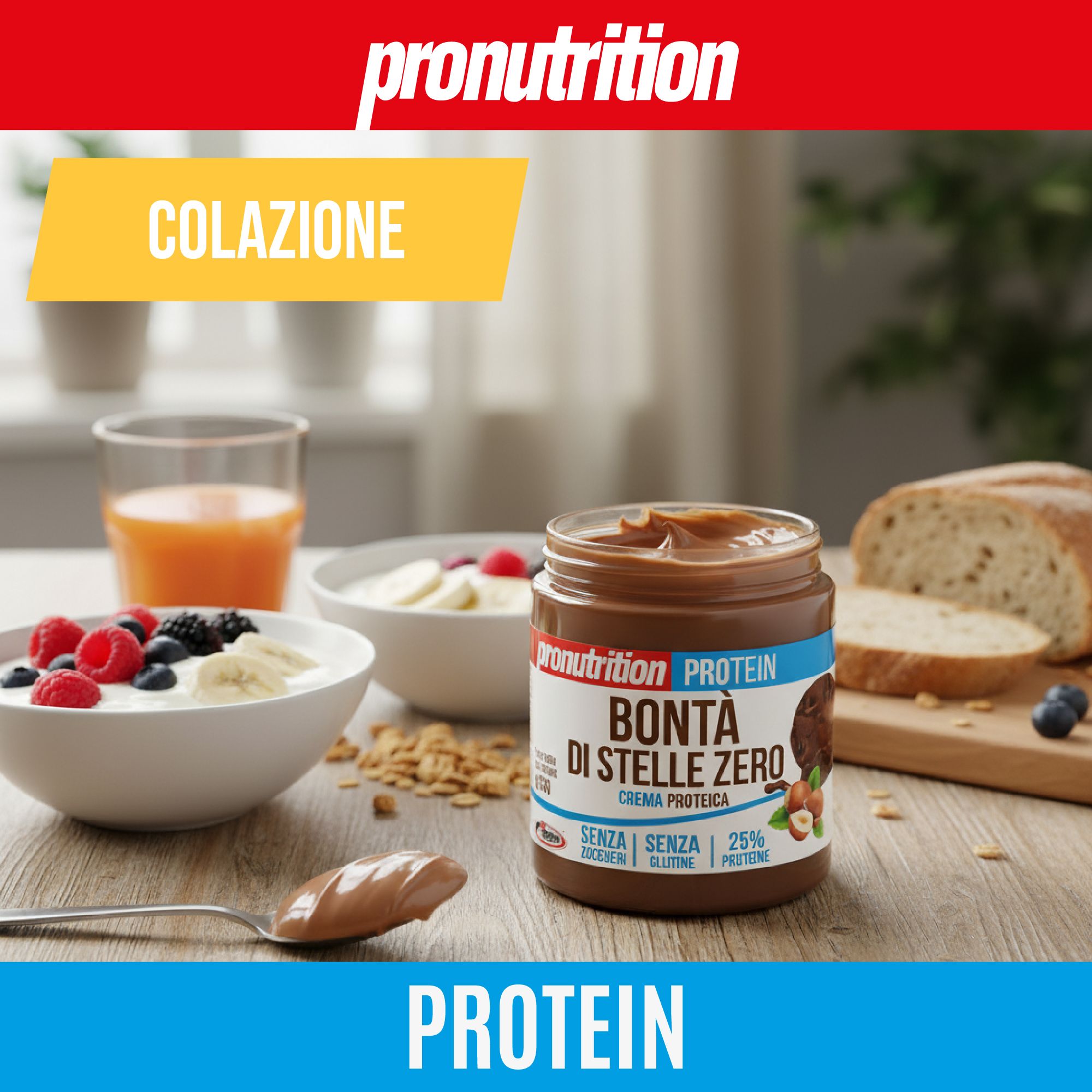 Colazione con crema proteica. Barattolo di crema proteica, Bontà di Stelle Zero. Scritta: Senza zuccheri, senza glutine, 25% proteine.