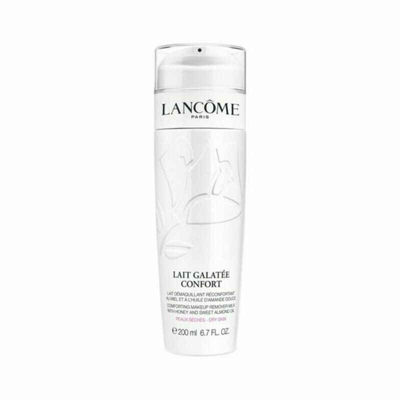 Flacone bianco con tappo trasparente. Testo: "LANCÔME PARIS", "LAIT GALATÉE CONFORT", "200 ml 6.7 fl. oz".
