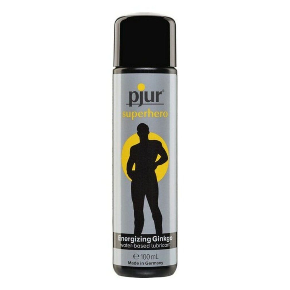 Flacone cilindrico con tappo nero. Scritte: pjur, superhero, energizing ginkgo. Contiene 100 ml.