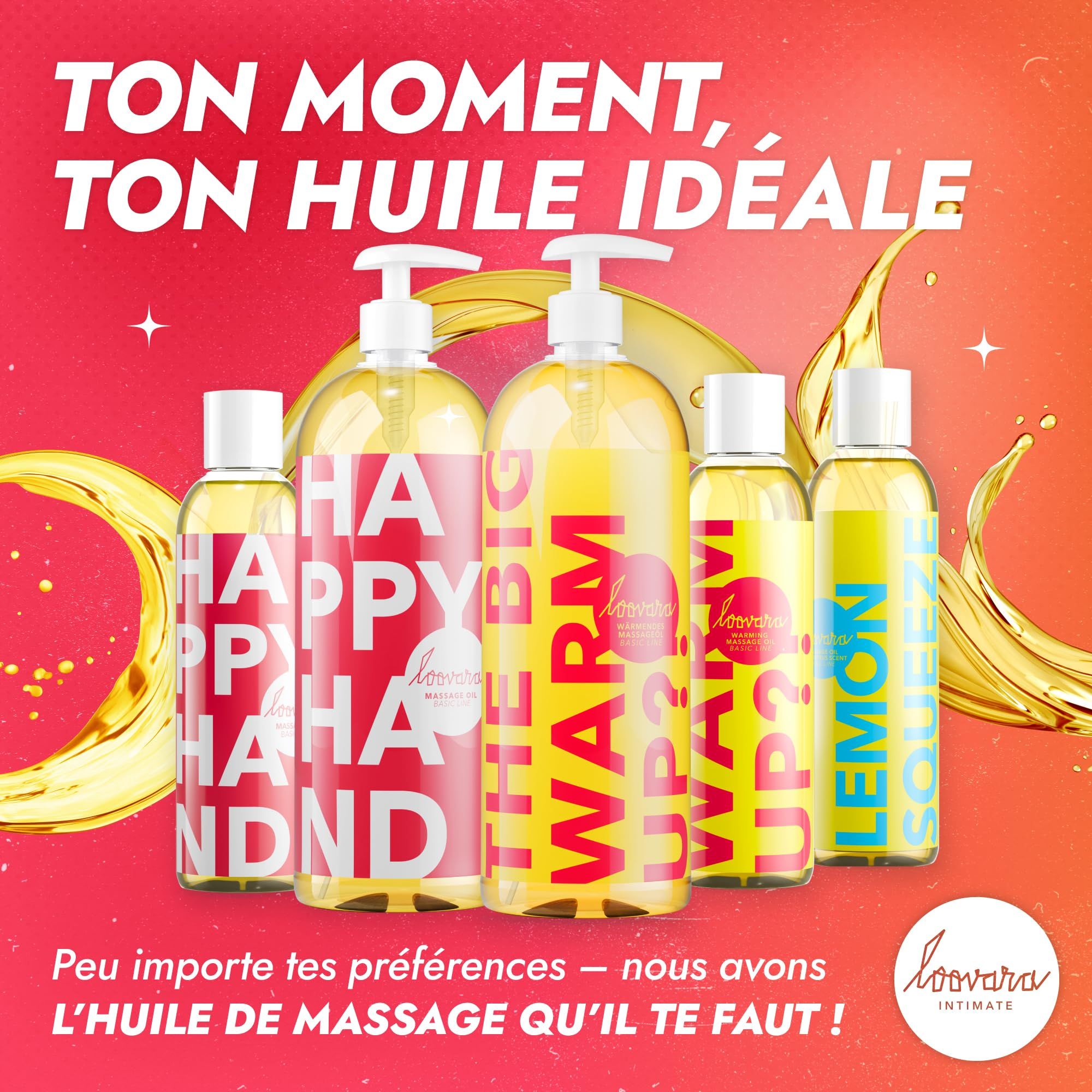 Diverse bottiglie di oli da massaggio Loovara, tra cui 'Happy Hand', 'Warm Up', 'Way Up?', 'Lemon Squeeze'.