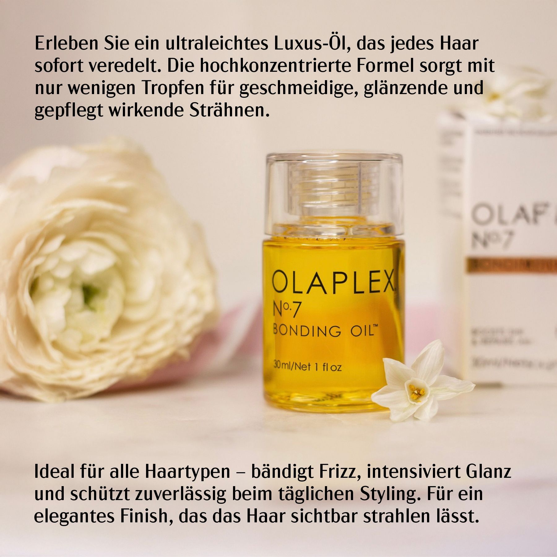 Olio per capelli giallo in bottiglia di vetro. Scritta: OLAPLEX Nr.7 Bonding Oil. Con fiore e testo.