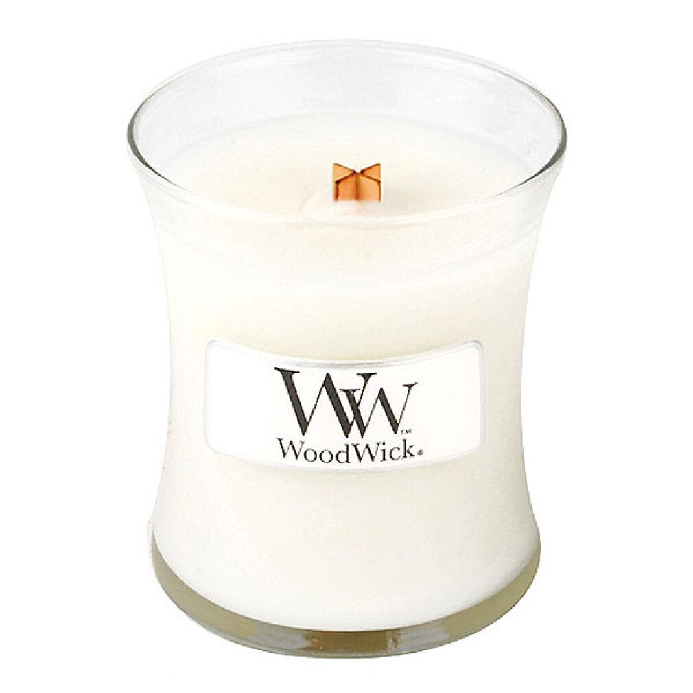 Candela a clessidra con stoppino in legno. Etichetta con logo WoodWick.