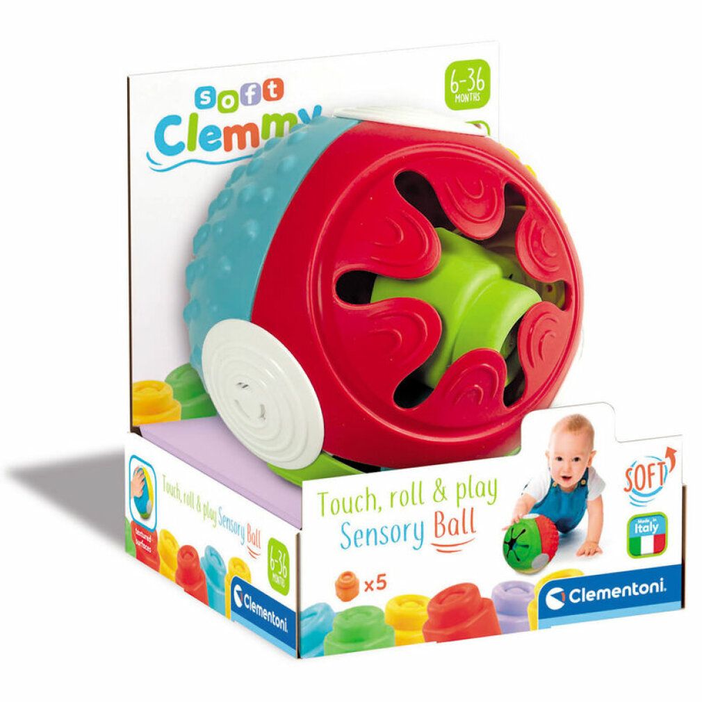 Confezione con palla multicolore. Scritte 'Soft Clemmy' e 'Clementoni'. Bambino sulla confezione.