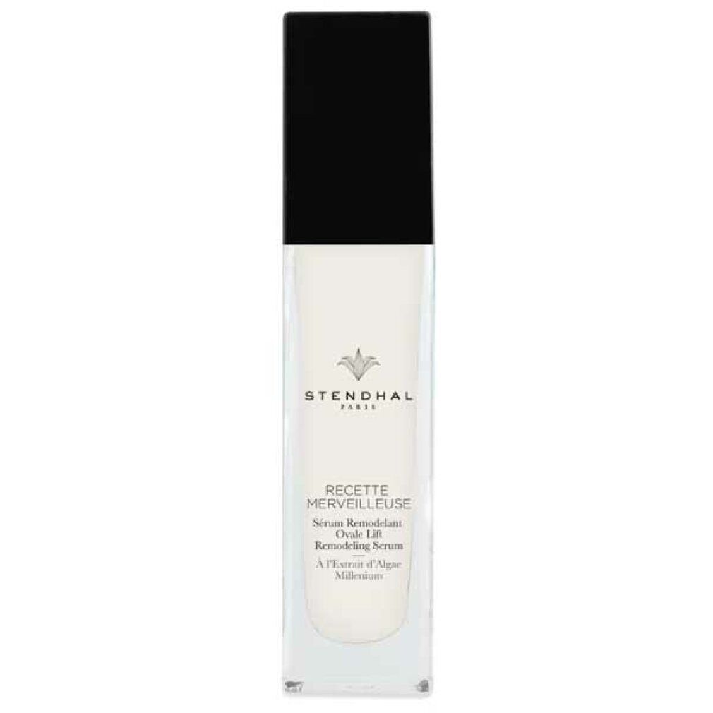 Siero cosmetico in flacone rettangolare con tappo nero. Scritta: Stendhal Paris, Recette Merveilleuse, Sérum Rimodellante Ovale Lift.