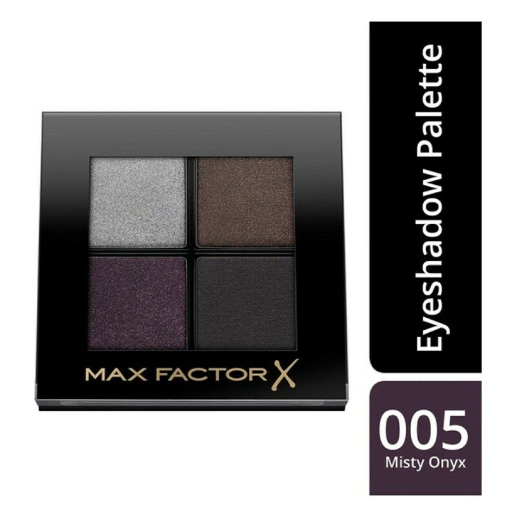 Palette ombretti con quattro tonalità: argento, marrone, viola e nero. Cornice nera, scritta dorata MAX FACTOR X. Con etichetta.
