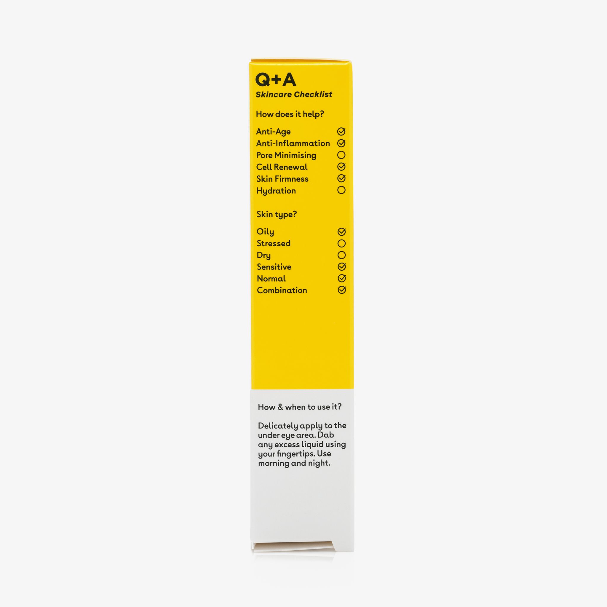 Scatola gialla con testo. Scritta: Q+A Skincare Checklist. Informazioni su uso e ingredienti.