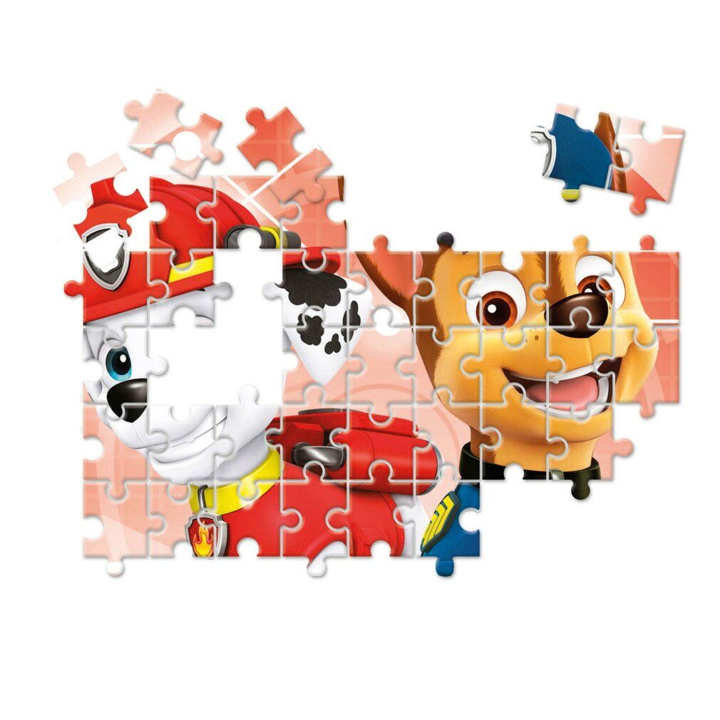 Puzzle con personaggi di Paw Patrol. Pezzi assemblati. Due personaggi visibili. Sfondo rosso e giallo.