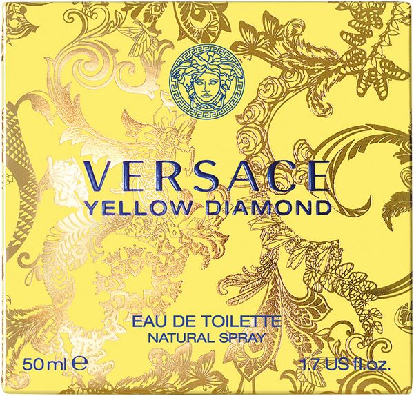 Confezione gialla di Versace Yellow Diamond. Logo e scritta Versace. Design giallo con elementi floreali. 50ml e 1.7 US fl.oz.