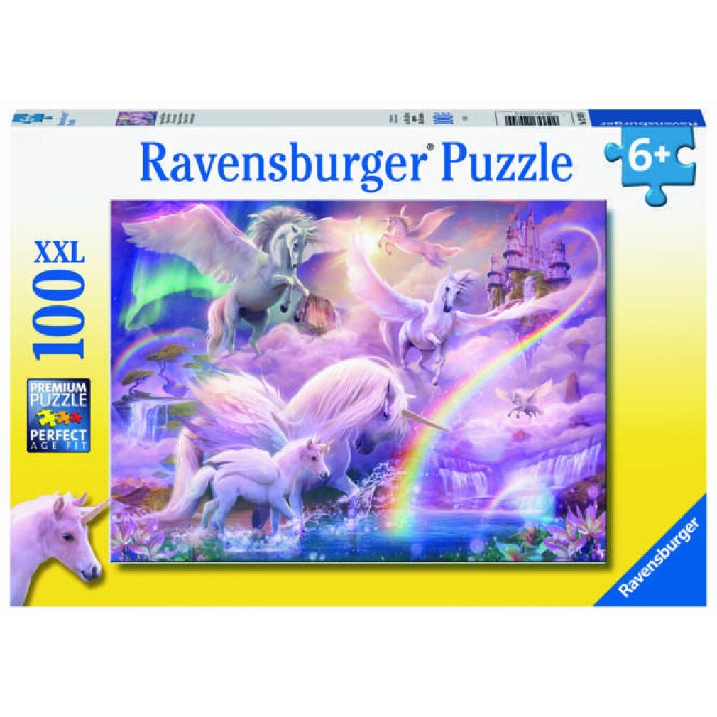 Scatola puzzle con unicorni, 100 pezzi, dai 6 anni in su. Marchio Ravensburger. Immagine di unicorni, arcobaleno e castello.