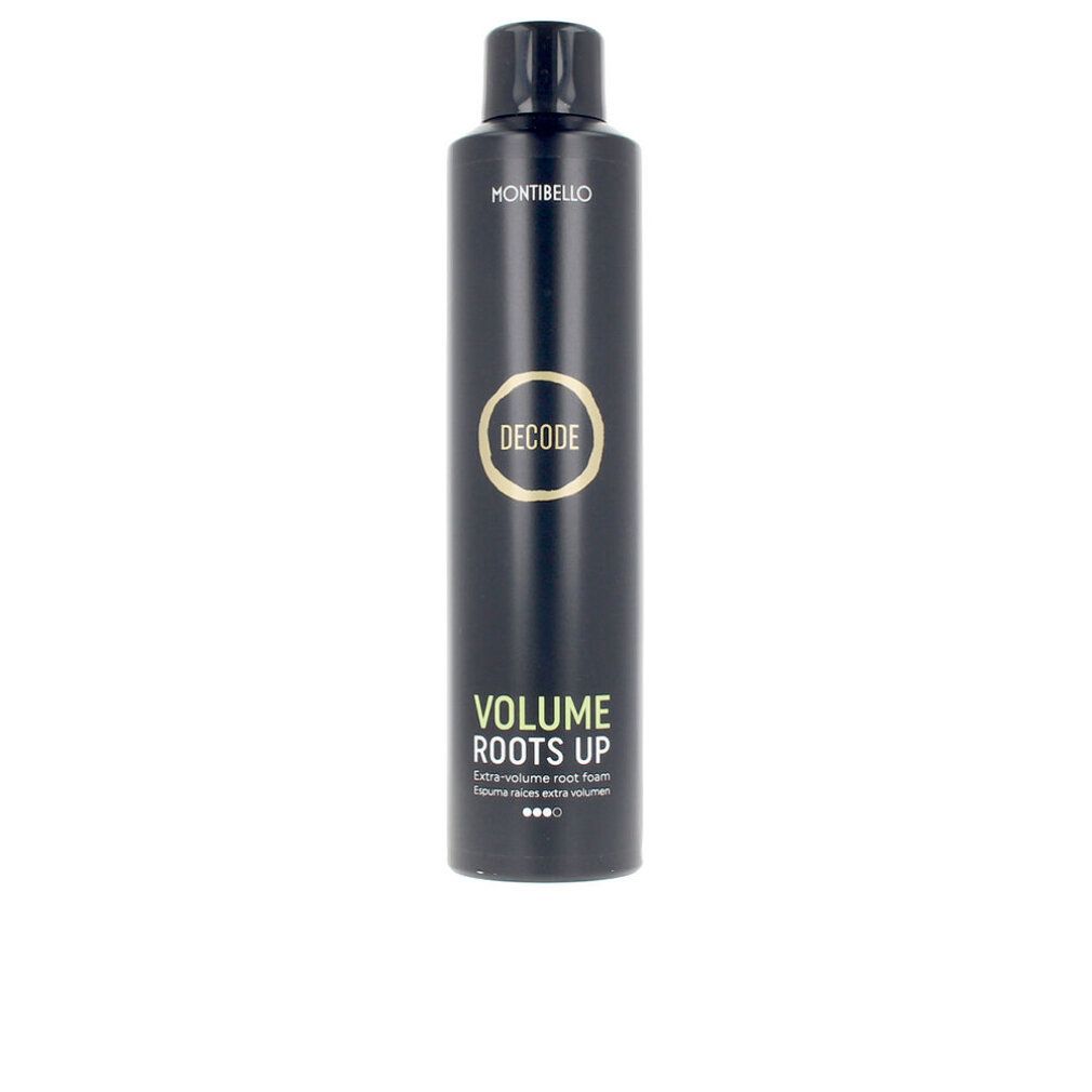 Flacone spray nero con scritte MONTIBELLO, DECODE, VOLUME ROOTS UP. Dettagli dorati. Mousse radici extra volume.