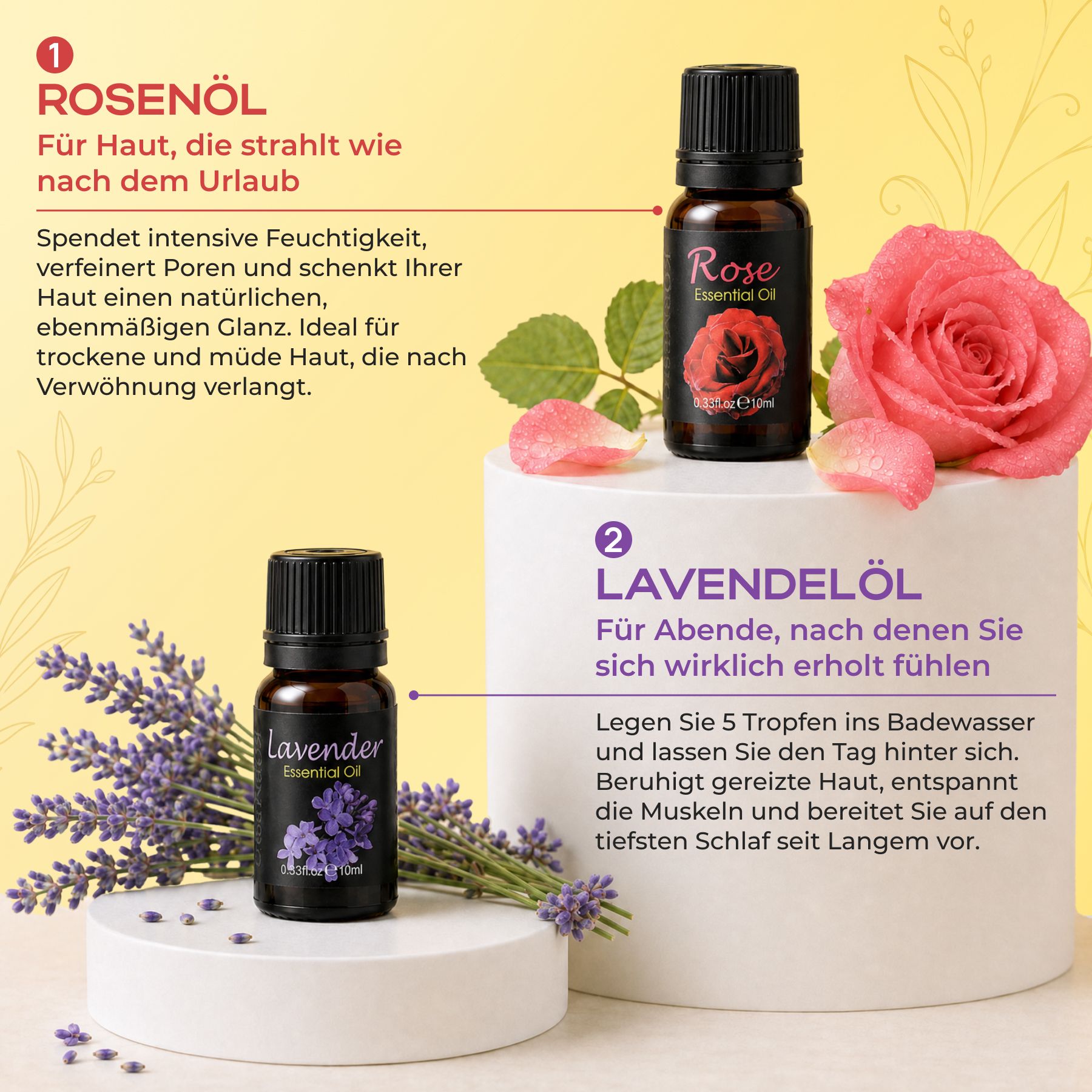 Flacone in vetro scuro con tappo nero, etichetta con rosa rossa e scritta 'Rose Essential Oil'.