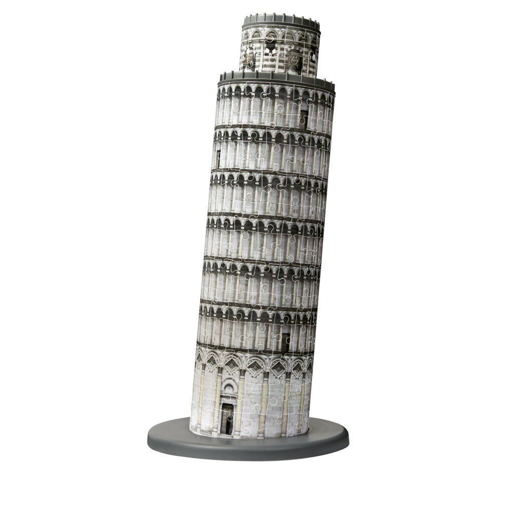 Puzzle 3D Torre di Pisa assemblato. La torre è posizionata su una base rotonda grigia.