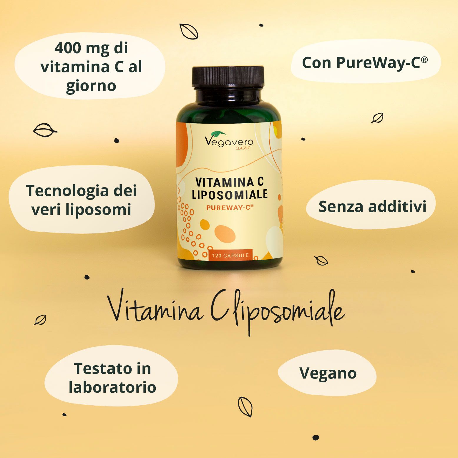 Flacone Vitamin C Liposomiale con testo: 400 mg di vitamina C al giorno, PureWay-C, senza additivi, vegano.