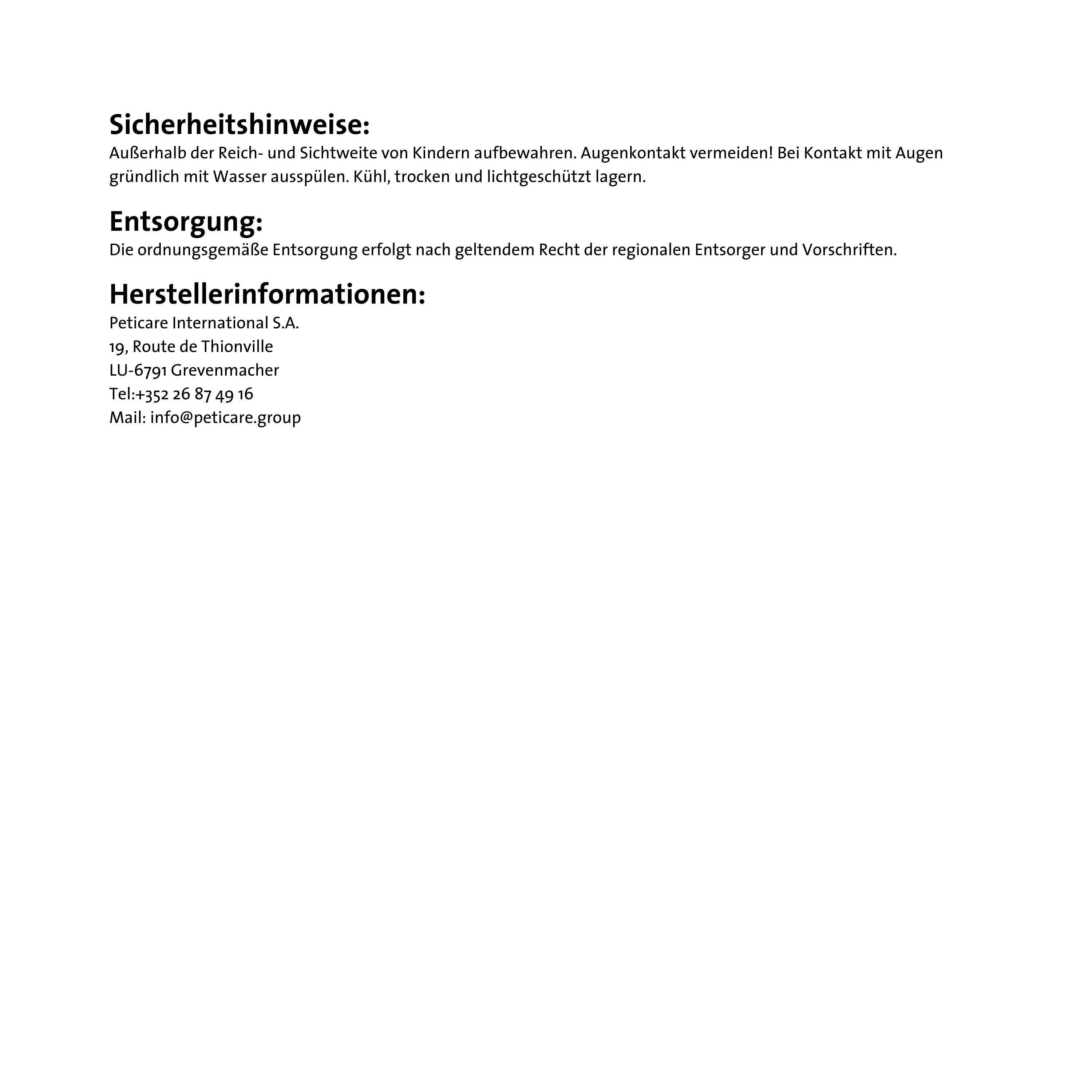 Avvertenze di sicurezza e smaltimento. Informazioni sul produttore: Peticare International S.A., indirizzo, telefono, e-mail.