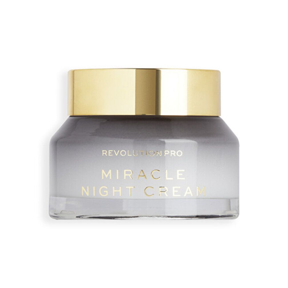 Vasetto di vetro con coperchio dorato. Scritta: Miracle Night Cream.