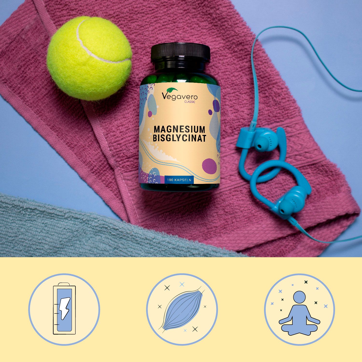 Prodotto con bottiglia, pallina da tennis e cuffie. Scritta: Magnesium Bisglycinat. Icone: batteria, muscolo, meditazione.