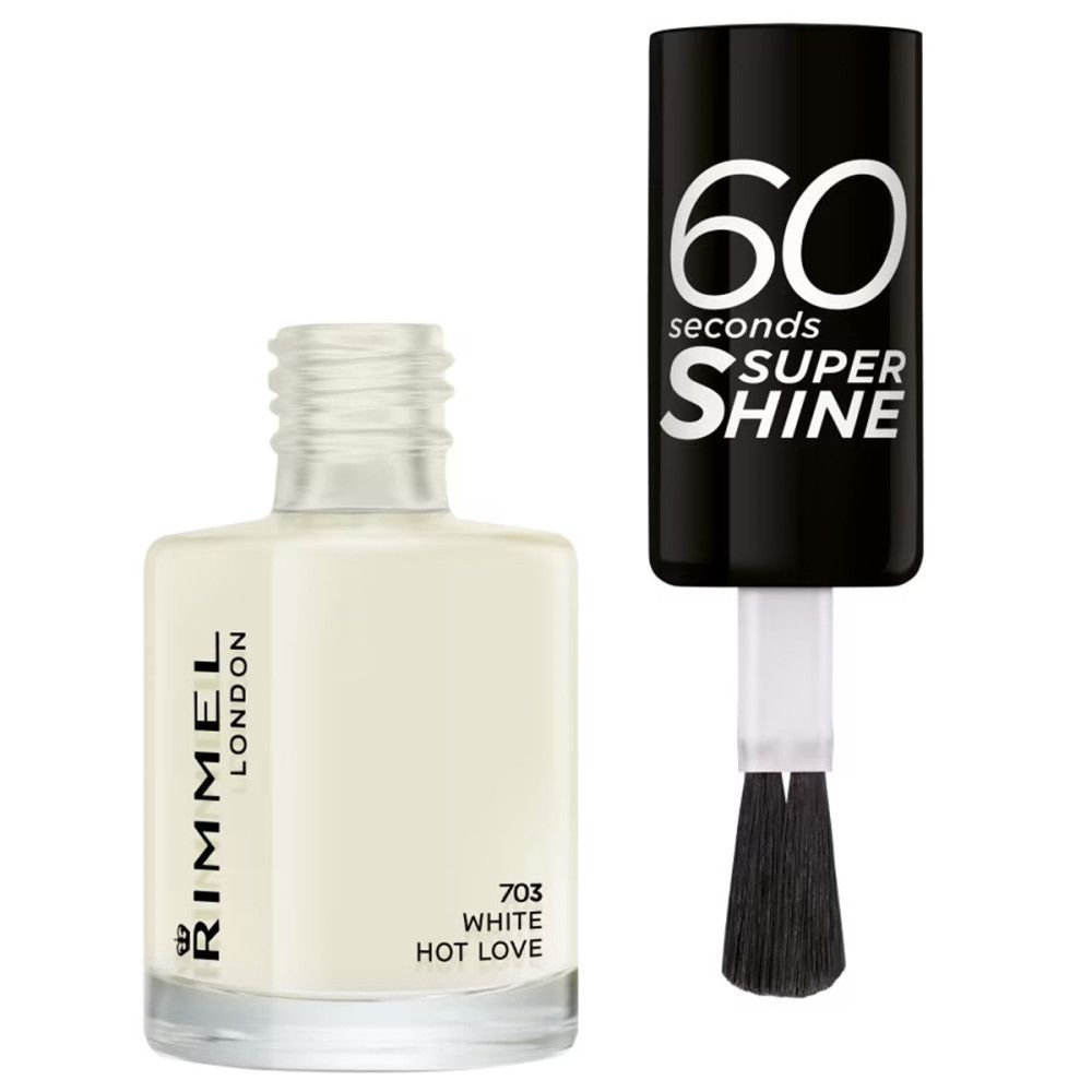Flacone di smalto bianco. Tappo nero con scritta "60 seconds SUPER SHINE". Pennello visibile. Marchio: Rimmel London.