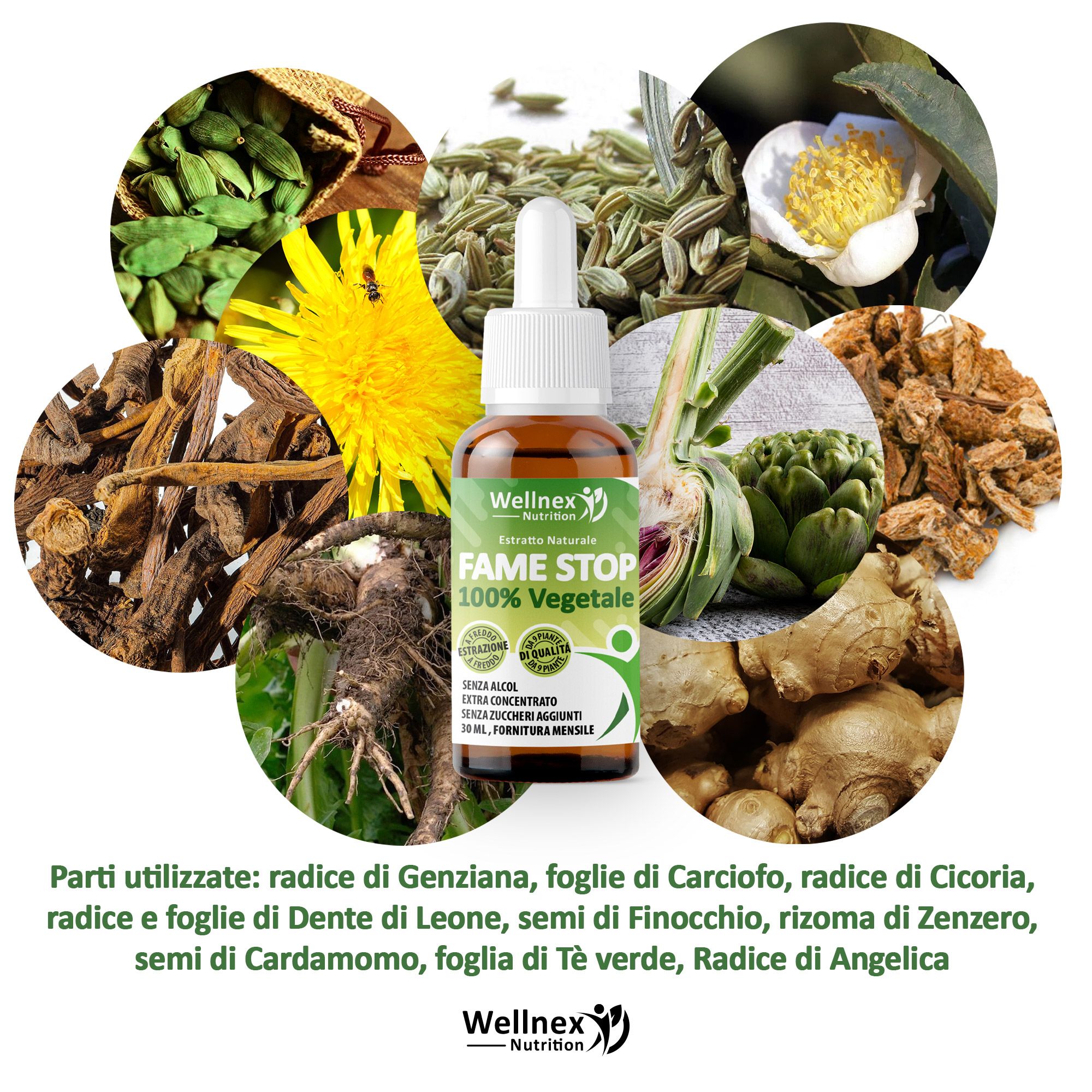 Wellnex Nutrition - Fame Stop 30ml Estratti Idroglicerici da 9 Piante Amaro-Sazianti Senza Alcol
