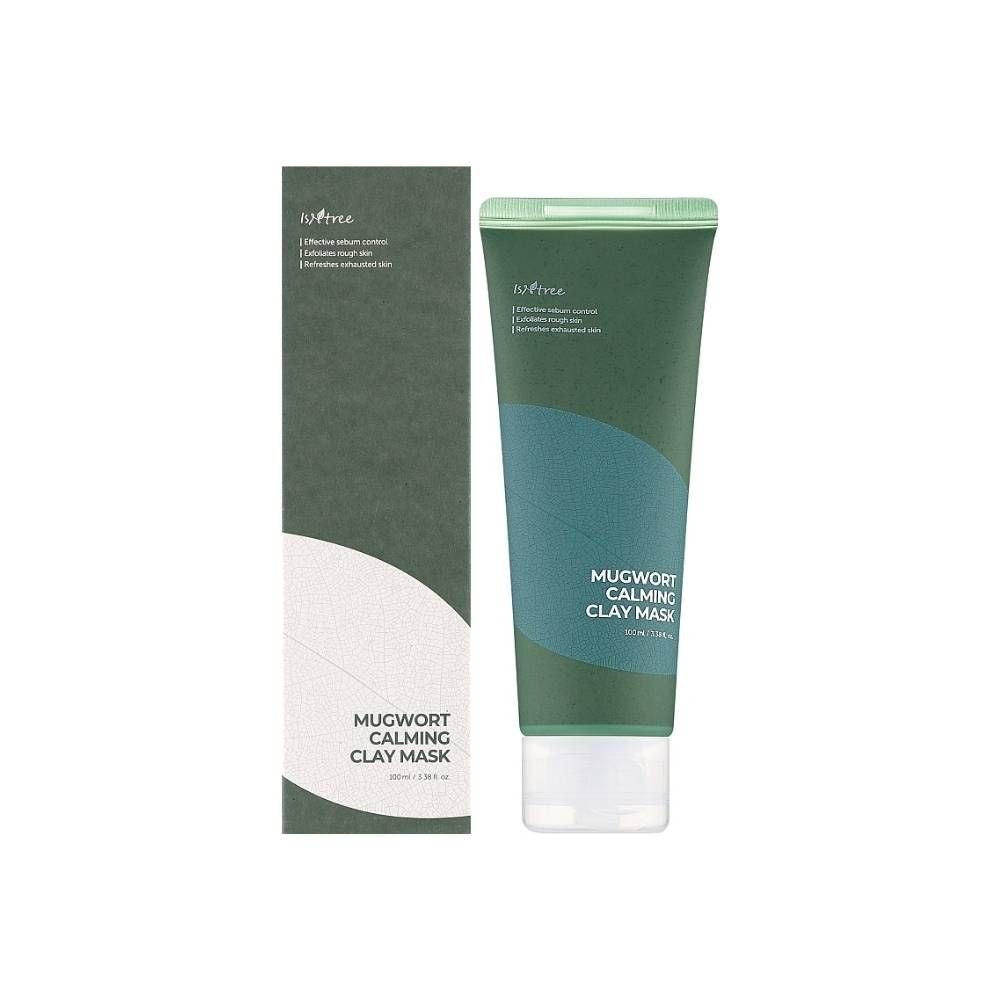 Tubo e scatola verdi. Scritta: Mugwort Calming Clay Mask. Nome del prodotto e marchio visibili. Confezione.