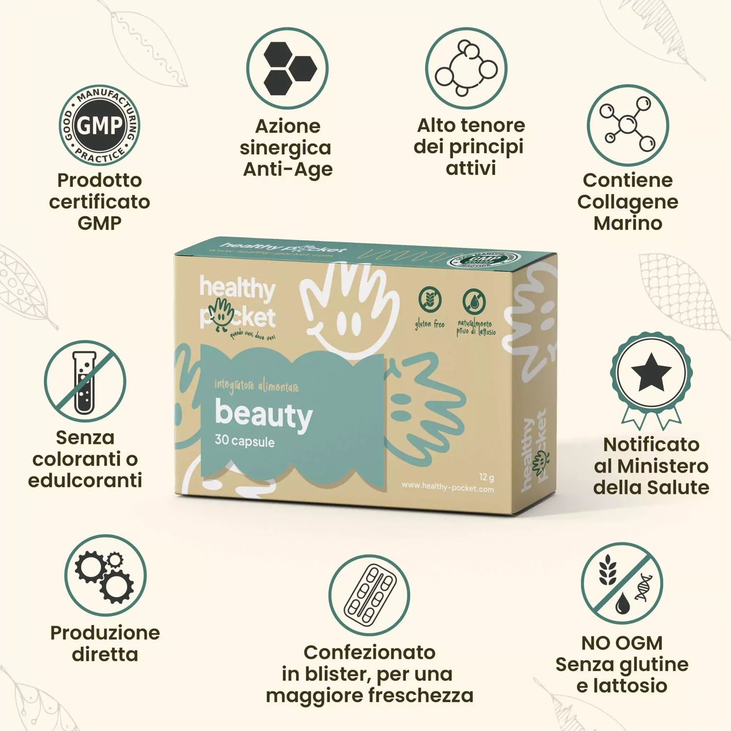 Confezione capsule Beauty con sigillo GMP, senza glutine, senza coloranti.