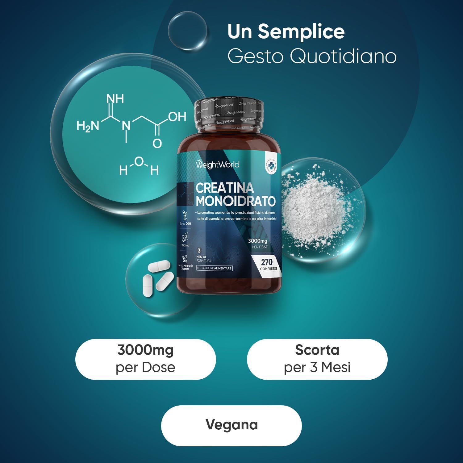 Flacone di compresse, compresse e polvere. Testo: CREATINA MONOIDRATO. 3000mg per dose. 270 compresse. Vegano. 3 mesi di scorta.