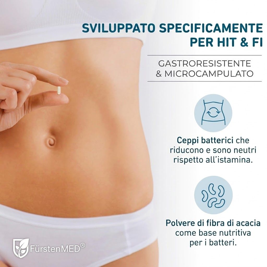 Busto femminile, tiene una capsula. Testo: Sviluppato specificamente per HIT & FI. Gastroresistente & microincapsulato. Logo FürstenMED®.