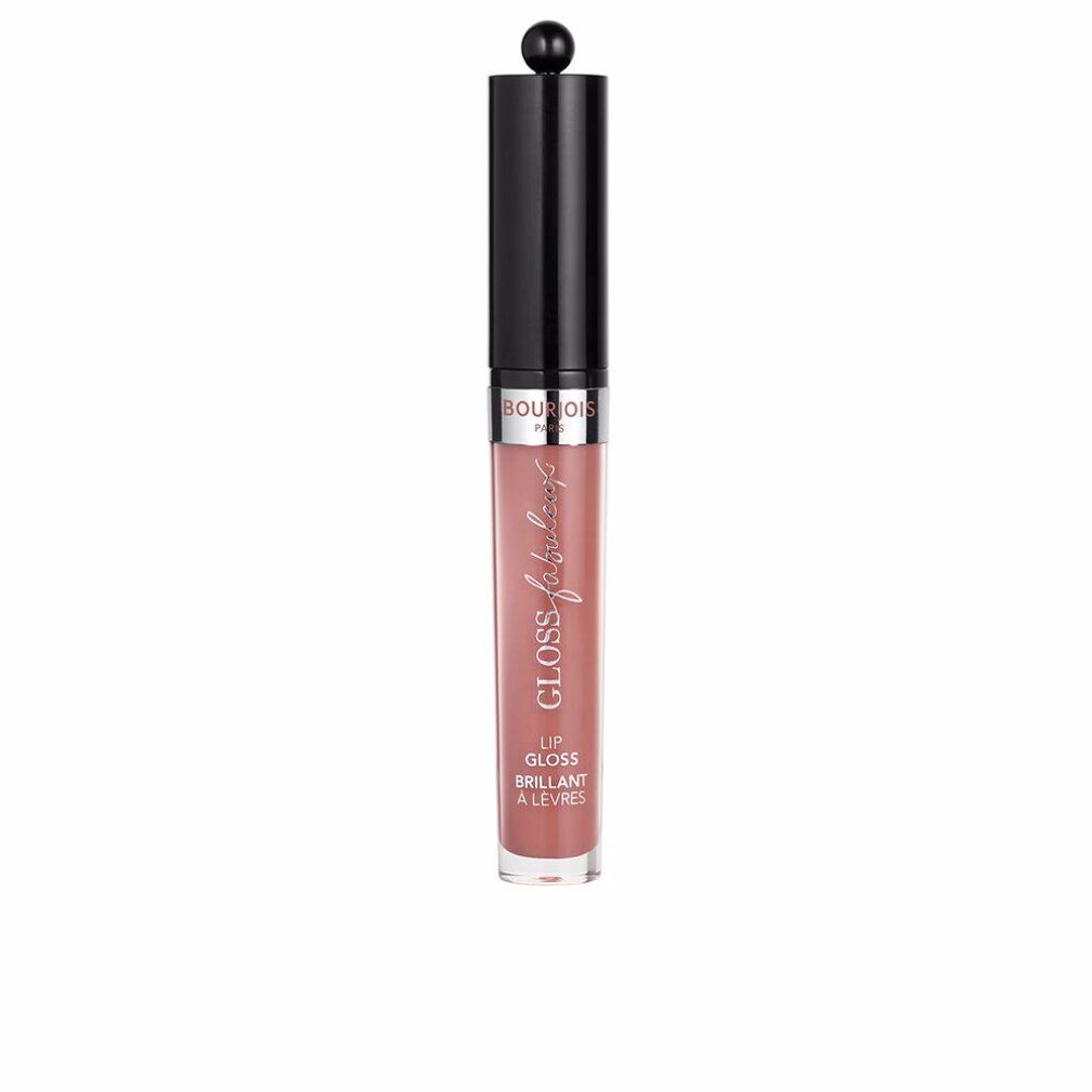 Bourjois Gloss Fabuleux, tonalità 05. Tubo trasparente con tappo nero e applicatore. Nome del prodotto e marchio visibili.