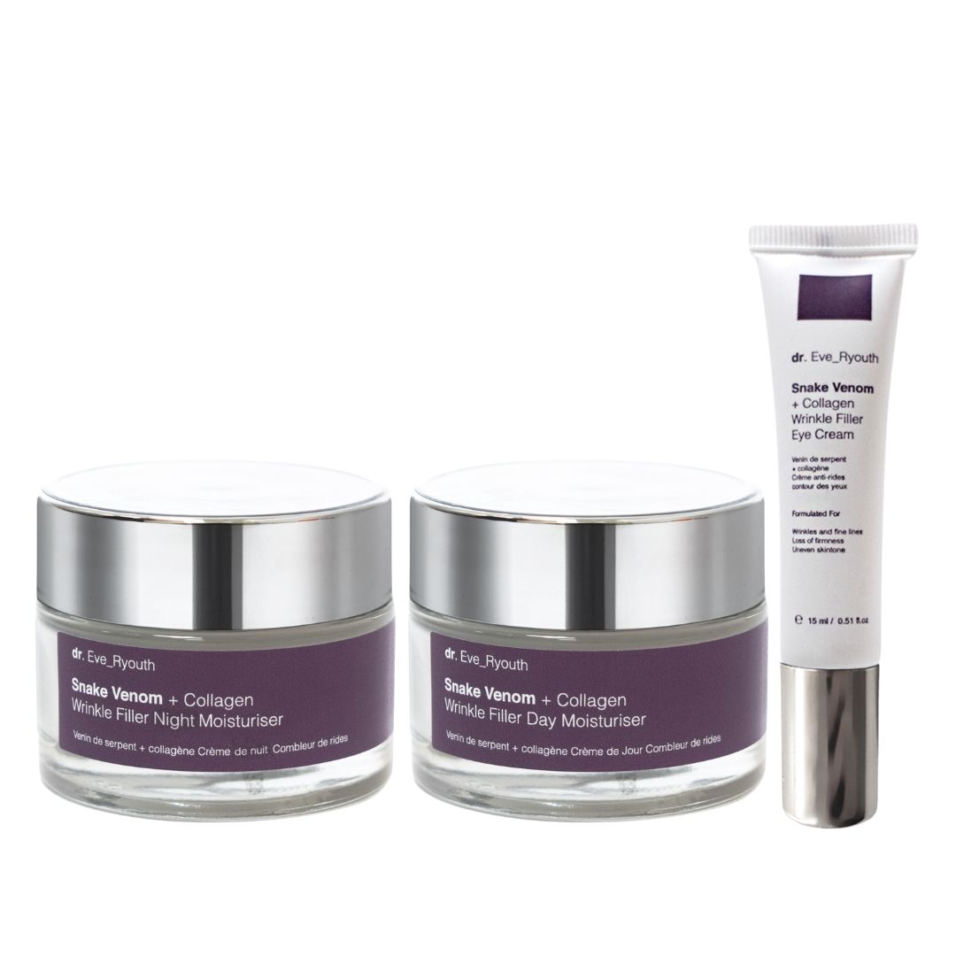 Tre prodotti cosmetici: due creme in vasetto, una crema occhi in tubo. Etichette viola, coperchi argento. Marchio: Dr. Eve_Ryouth.