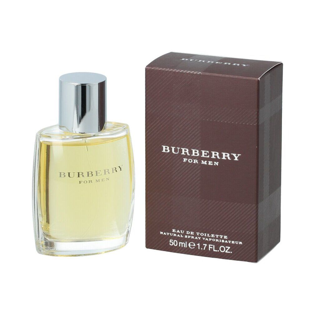 Burberry For Men Eau de Toilette Spray. Flacone e confezione. Confezione marrone con logo e nome del prodotto.