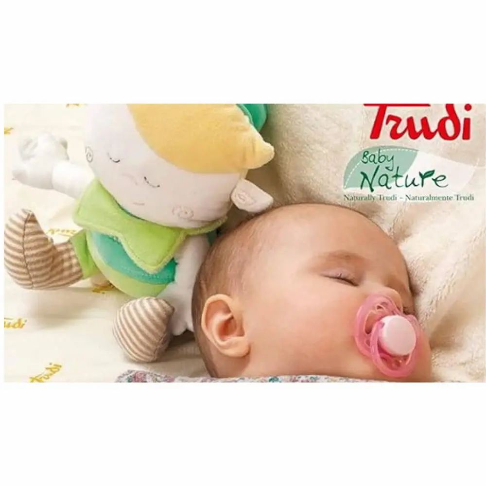 Bambino dorme con il ciuccio. Marchio Trudi Baby Nature. Alce di peluche verde.