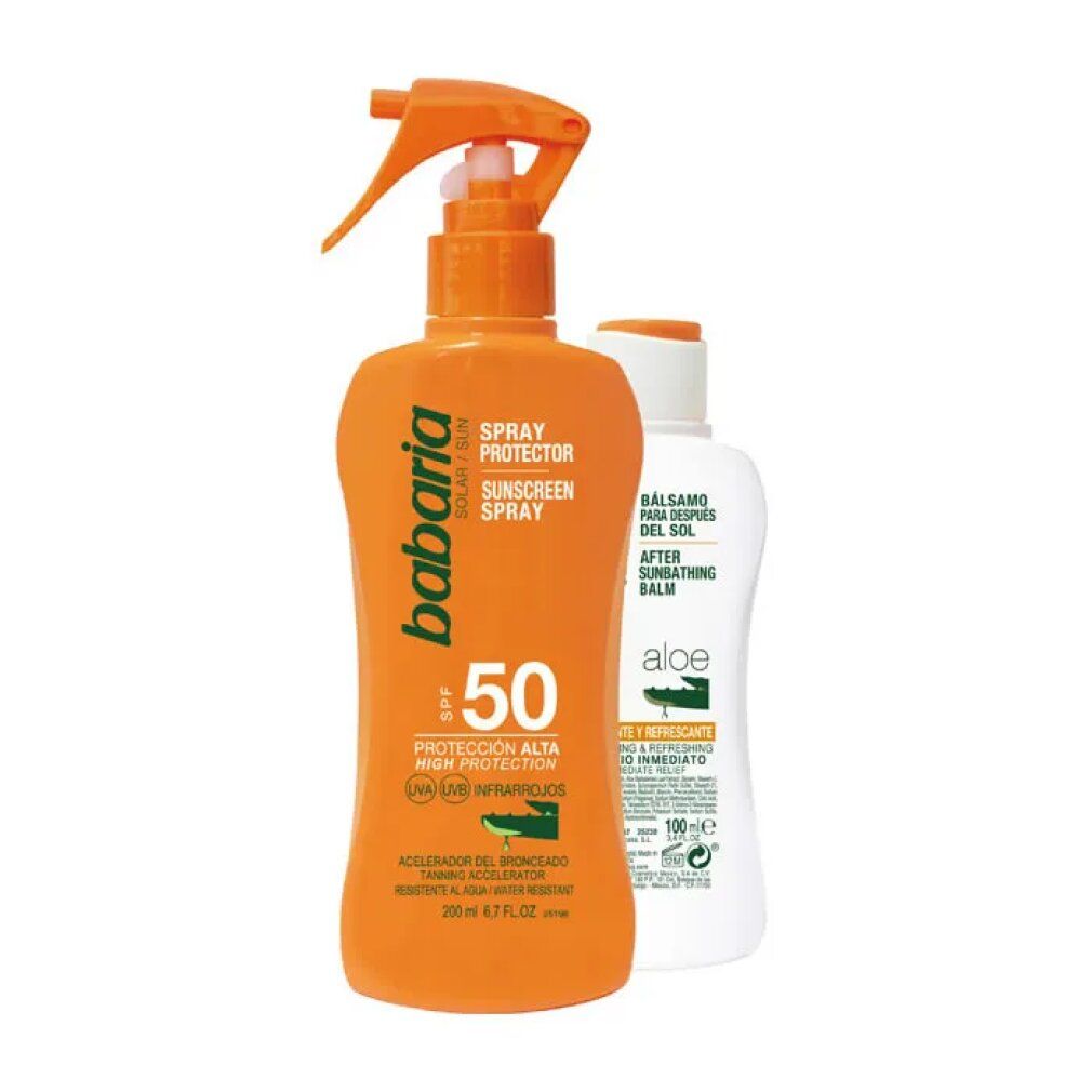 Due flaconi: Babaria Spray solare SPF 50 e balsamo doposole. Con erogatore e tappo. Nomi e SPF visibili.