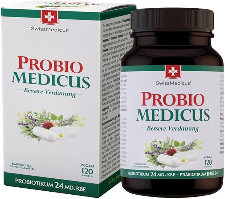 Flacone e scatola PROBIO MEDICUS. 120 capsule. Vegano. Testo: Migliore digestione. Con erbe e fiori.