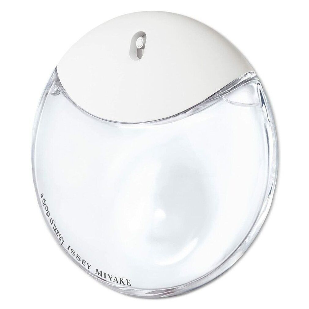 Flacone rotondo con tappo bianco. Scritta: a drop d'Issey, ISSEY MIYAKE.