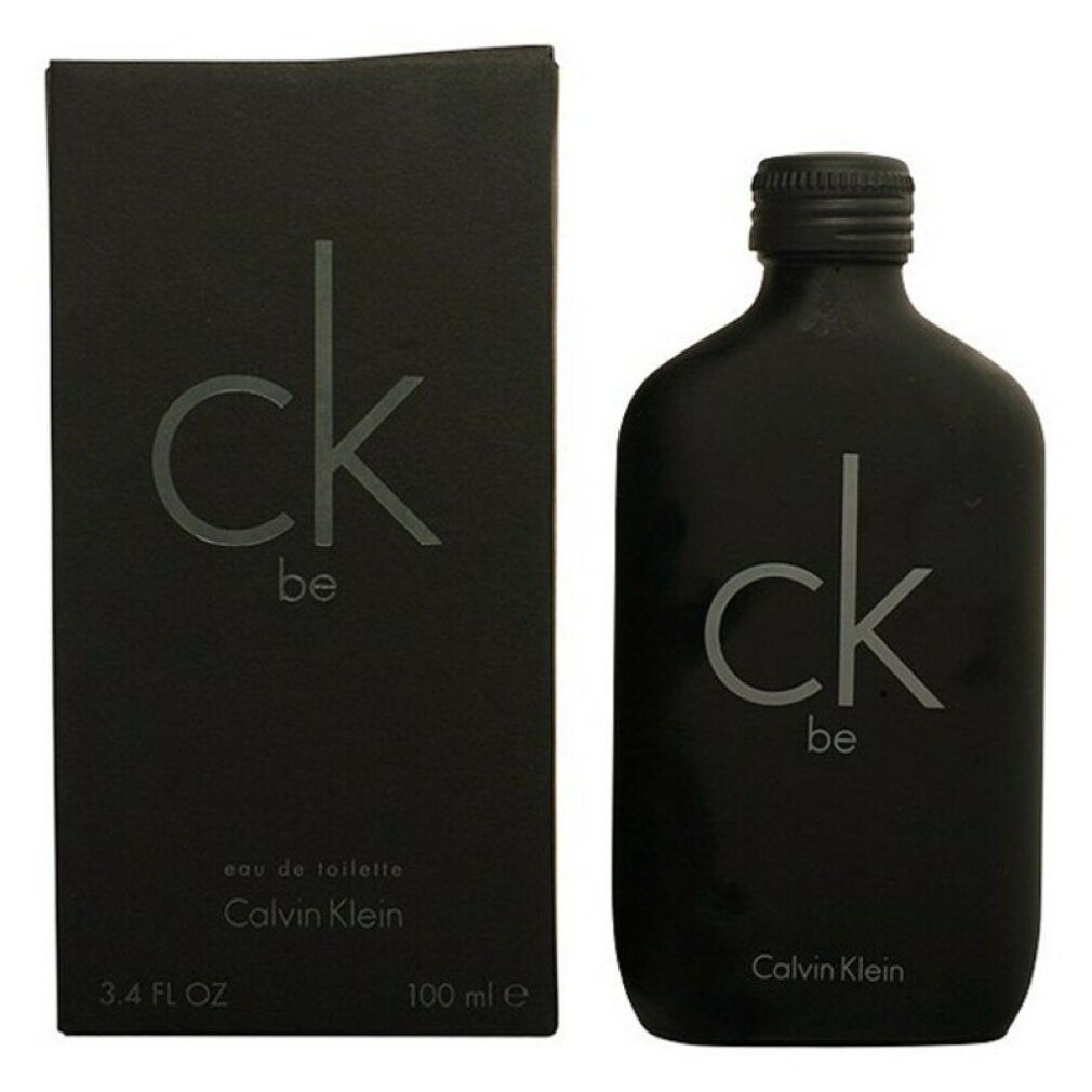Flacone e scatola neri con logo « ck be ». Scritta « Calvin Klein ». Eau de toilette.