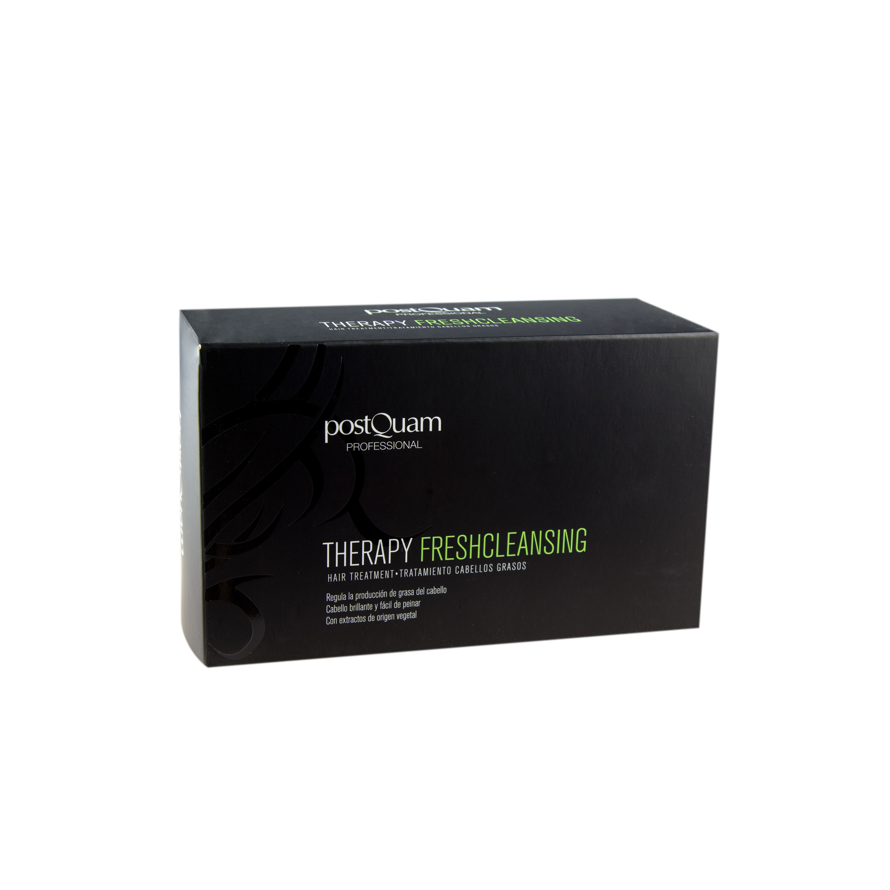 Confezione nera del prodotto con testo bianco. Scritta: Therapy Fresh Cleansing. Marchio: PostQuam Professional.